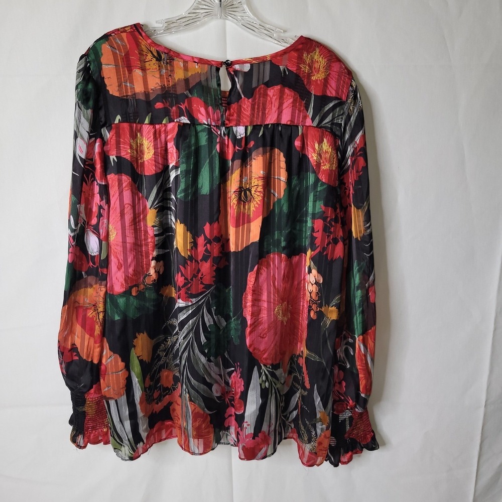 Gibson Latimer Long Sleeve Smocked Floral Print Black‎ Blouse Top - Picture 3 of 5